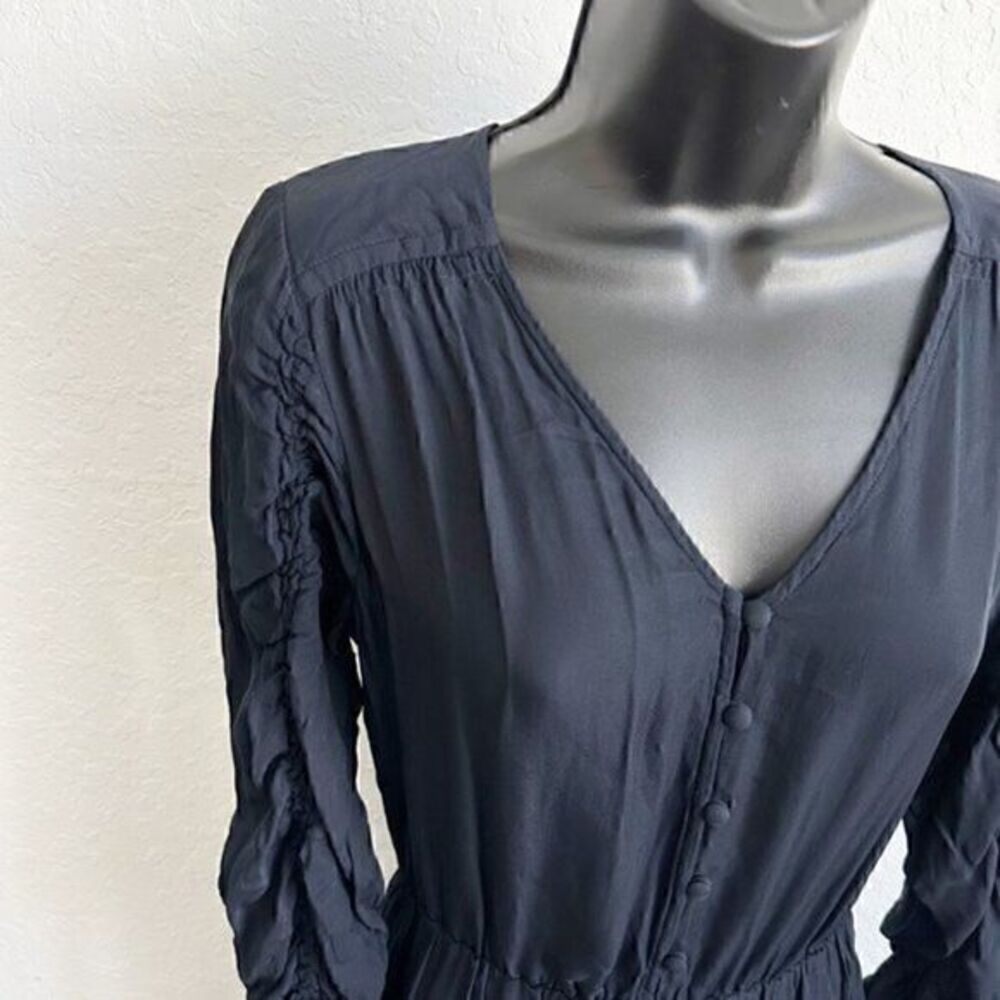 Parker Fletcher Ruched Sleeve Silk Long Sleeve Blouson Dress Midnight Blue Small - Picture 6 of 13